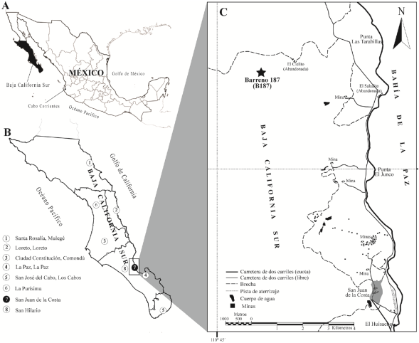 Localización geográfica del sitio de estudio. A) Ubicación del
								estado de Baja California Sur. B) Localización de la comunidad de
								San Juan de la Costa. C) Punto de extracción del barreno
								187.