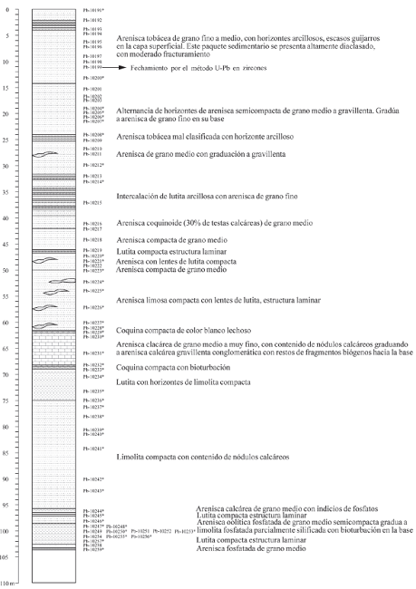 Columna estratigráfica del barreno 187, Formación El Cien, Baja
								California Sur, México. *Muestras productivas.