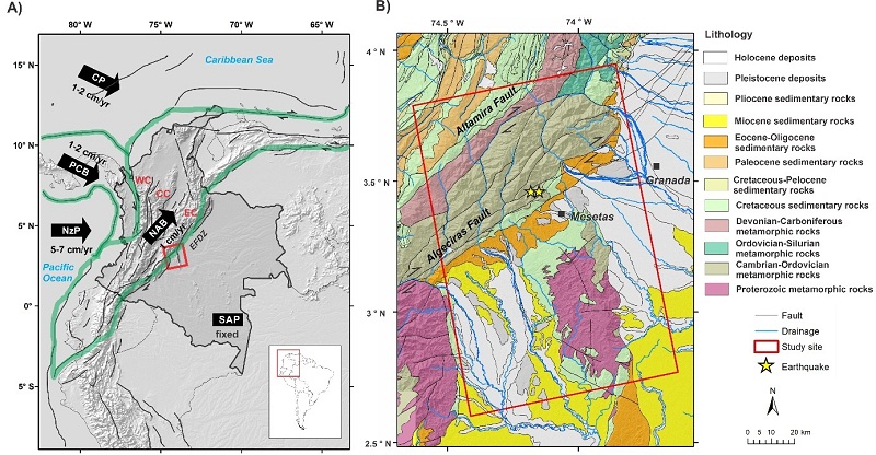 Location and geology of the study site. A) Geotectonic map of Colombia, EC, CC and WC are, respectively the Eastern, Central and Western cordilleras. Arrows indicate the current motion of major tectonic plates (SAP = South America, NZP = Nazca, CP = Caribbean), and lithospheric blocks (PCB = Panama-Chocó Block, NAB = Nor Andean Block, demarcated by green lines). Red square corresponds to the area under study along the Eastern Foothills Deformation Zone (EFDZ). Geodynamic setting from (Taboada et al., 2000; Cediel et al., 2003; Veloza et al., 2012; Mora-Páez et al., 2020). B) Geological map of the study site. Lithology and structures were modified from Gómez-Tapias et al. (2007).