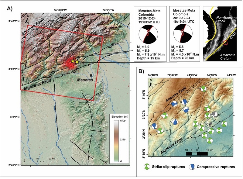 Instrumental seismicity of the Mesetas-Meta region. A) Location of the December 24, 2019, Mesetas earthquake. Main range oriented in a NE direction corresponds to the eastern flank of the Eastern Cordillera. Range oriented NS corresponds to the Serranía de la Macarena. Seismic stations are shown as white triangles. Focal mechanisms and seismic parameters are also indicated for both events. B) Details of the focal mechanisms founded in the surroundings of the Mesetas earthquake during 1993-2020. Faults and focal mechanisms were obtained from the Colombian Geological Survey.
