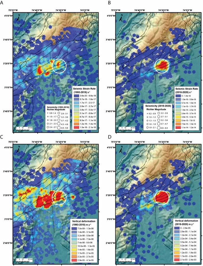 Comparisons between seismic/brittle strain rates and seismic uplift across the study area for the periods A) 1993-2018 and B) 2018-2020, with 106 and 2583 events respectively. The white circle corresponds to the Mesetas area. Note how the both Strain and Vertical Deformation become significantly concentrated around the Mesetas Area for the 2018-2019 showing the expected coherence between both parameters. If, for instance, vertical displacement where due to atmospheric and/or vegetation, then the distribution of data should follow no specific spatial or temporal trend.