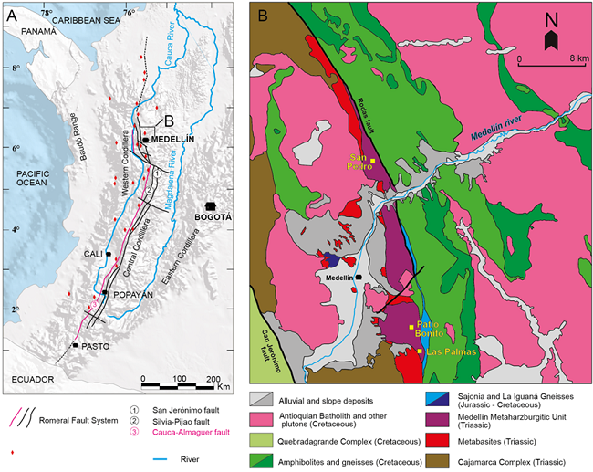 (A) Distribution map of peridotite bodies and mafic-ultramafic rock
associations in Colombia (modified fromCorrea-Martínez, 2007;Gómezet al., 2015). (B) Geological map of the
Medellín region (modified fromGarcía-Cascoet al., 2020 and references
therein). The location of the studied samples is shown in the
map.