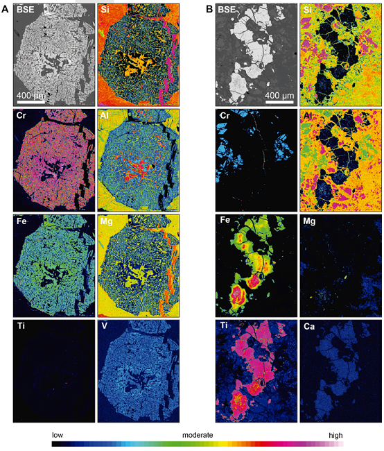 Element distribution maps for accessory chromian spinel in
the MMU. (A) Type I chromian spinel from Las Palmas (Sample
LP-7). Note the high Al, Fe, and Cr contents in the core that
gradually decreases towards the rims. The Al-rich cores are
surrounded by a high-V halo. (B) Type III chromian spinel from
the Las Palmas metaperidotite (Sample CO-7). The Fe enrichment
is related with the Cr depletion, whereas Al is almost
absent.