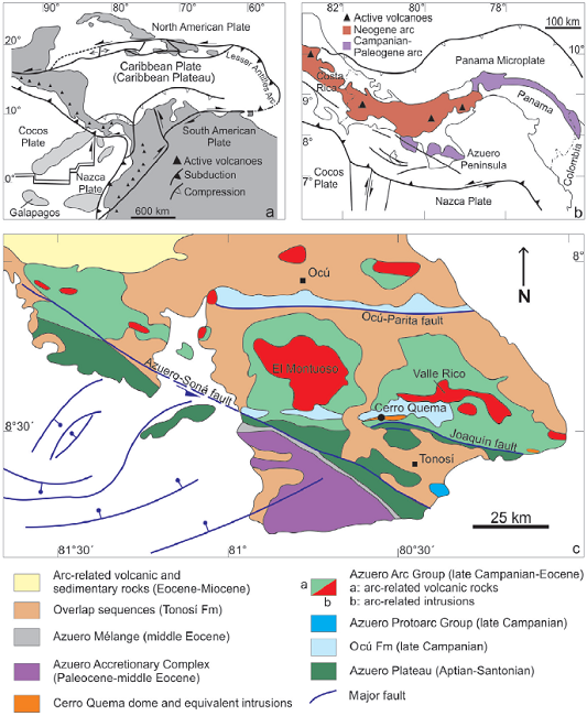 Geologic and geotectonic elements of the Central American region.
								(a) Sketch map showing the regional geotectonic setting of the
								Central American land bridge in a Caribbean context (after Wegner et al.,
									2011). (b) Tectonic setting of the Isthmus of Panama
								(simplified from Montes et
										al., 2012). (c) Simplified geological map of
								the Azuero Peninsula. Mainly after Buchs et al. (2010, 2011a), with additions from
									Corral et al.
									(2016).