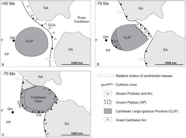 llustrations showing the interaction between the Caribbean Large
								Igneous Province (CLIP), proto-Caribbean oceanic crust, and the
								large continental blocks of North and South America. (a) Displays
								the setting of the Great Caribbean Arc before arrival of the
								Galapagos-sourced CLIP. (b) Shows the Caribbean plate during
								collision of the leading edge of the CLIP with the Great Caribbean
								Arc and subduction polarity reversal. Note inception of a new
								subduction zone at the Azuero Plateau on the trailing edge of the
								CLIP, which forms the primitive Central American intraoceanic arc
								and associated tholeiitic volcanism. (c) Displays the collision of
								the CLIP with parts of North and South America and the more evolved
								development of the Central American Arc. The porphyry-related
								epithermal mineralization at Cerro Quema (shown by a star) was
								emplaced in this tectonomagmatic environment. Geologic and
								tectonomagmatic elements borrowed from multiple sources including
									Kerr et al.
									(1999), Mitchell
									(2003), Kerr and Tarney
									(2005), Kennan and
									Pindell (2009), Buchs
										et al. (2010, 2011, 2018), Hastie et
										al. (2010a, 2010b), Hastie and Kerr
									(2010), Wright and Wyld
									(2011), and Whattam
										et al. (2012). Abbreviations: AP:
								Azuero Plateau; CAA: Central American Arc; CQ: Cerro Quema; FP:
								Farallon Plate; GCA: Great Caribbean Arc; GH: Galapagos Hotspot; NA:
								North American Plate; SA: South American Plate.