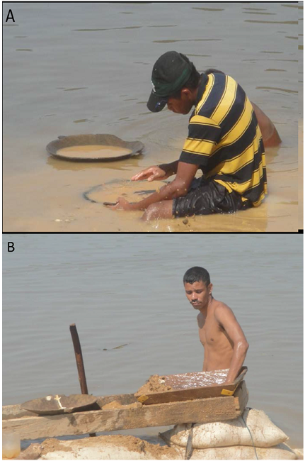 Wooden, two-handled bateas in use today at the
								Santa Cruz mine on the Rio Magdalena, Bolivar, Colombia. In B) the
									batea is being used to clean up the concentrate
								from a sluice. The batea was probably used by
								indigenous miners in the Caribbean and Mesoamerica before the
								Spanish arrival. (Photographs by Stewart Redwood, 25 January
								2012).