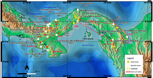 Map of Spanish colonial mining in Panama, 1501-1821. The
								principal Spanish towns and cities related to mining are shown with
								their date of foundation. The principal goldfields mined by the
								Spaniards are shown and some of the important gold deposits; other
								deposits mentioned in the text are shown on Figure 2. The pattern of gold rushes, conquest
								and settlement is shown by red arrows and dates. Despite the
								discovery of the Veraguas goldfield in 1502-03, the initial Spanish
								gold rush of 1510 was in eastern Darien. Settlement and gold mining
								moved west to Panama in 1519 and Natá in 1522, and then radiated
								northwards and westwards throughout Veraguas in several gold rushes
								over the next century. The final gold rush returned east to the
								Darien and led to the discovery of the rich Espíritu Santo de Cana
								gold mine in ~1675 (Map by S. Redwood).