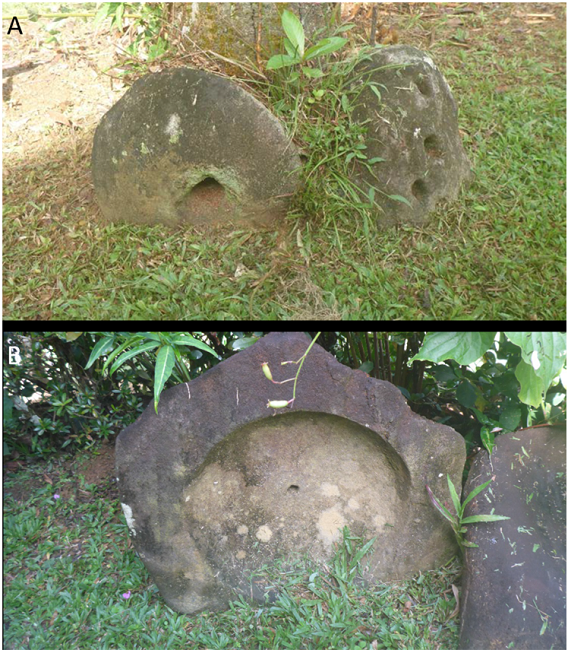 Grinding stones or stone mills at the Santa Rita gold mine,
								Sabanitas, Colón. A) The grinding stones have three holes in the top
								and one in the bottom. The central hole went through the stone and
								was to feed ore to the grinding bowl. The lateral holes on top were
								for two poles to rotate and rock the stone in the concave mortar
								(B). The stone mills may either be from the pre-Columbian or Spanish
								colonial periods. (Thanks to Ida Herrera for showing me the stones
								on her property. Photographs Stewart Redwood, February 2020).