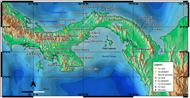 Map of the modern mines and mineral deposit discoveries of
								Panama, 1956-2020 (Map by S. Redwood).