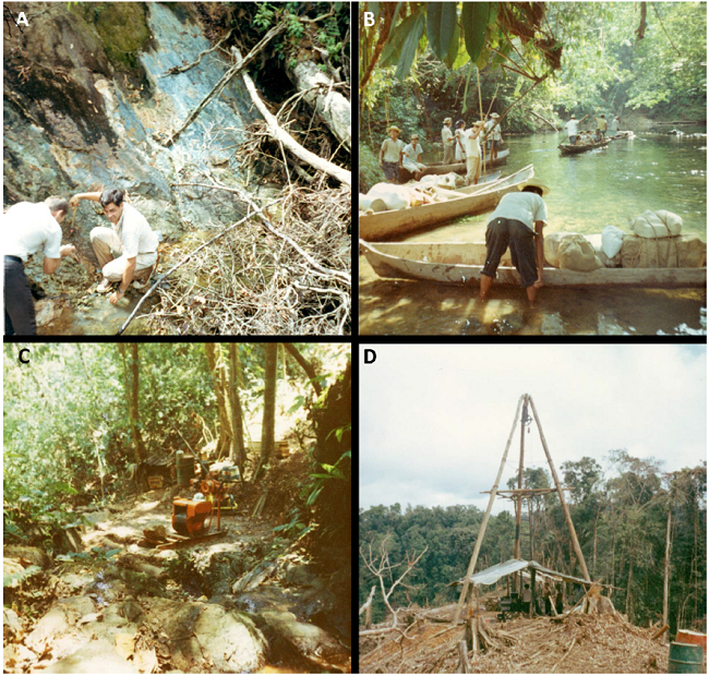 The discovery of the Petaquilla (Cobre Panama) porphyry copper
								deposit by United Nations’ Azuero Mining Project in 1968. A) Jussi
								Huhta, a Finnish geochemist (facing the camera), one of the
								discovery team, and an unknown man at the discovery outcrop with
								blue copper oxides in a stream at the Botija deposit, 1968. B) Field
								supplies being brought to the project by the River Petaquilla in a
								fleet of dug-out canoes (cayucos). C) The first
								drill holes on the Petaquilla project were carried out by UN between
								October 1968 and June 1969. A Winkie diamond drill was used to drill
								27 short holes (total 834 m) up to 30 m deep. D) A
								helicopter-supported, Boyles BBS-1 diamond drill rig was used by UN
								to drill 10 deeper holes (total 1,960 m) from drill pads cleared on
								jungle ridges. Photographs by Jussi Huhta, Finland and published
								courtesy of his widow Irja Huhta, formerly a chemist with the
								project. Thanks to Timo Mäki, former Chief Geologist at Inmet’s
								Pyhäsalmi Mine, Finland for tracking down the photos.