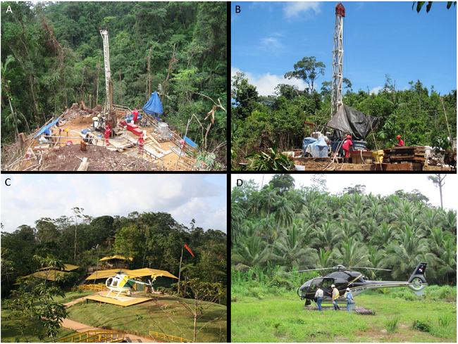 Exploration at Cobre Panama by Minera Panama S.A. in 2007-2011.
								A) Diamond drilling at Botija Abajo with a Boart-Longyear LF-70 rig,
								June 2010. B) Diamond drilling at Balboa with a Boart-Longyear Fly
								38 rig, October 2011. Both drills were portable and all of the
								drilling was carried out by helicopter slinging. C) Colina camp with
								a Hughes 500 helicopter, 18 March 2007. D) Eurocopter Colibri
								helicopter pickup of a community relations field party at Rio
								Caimito, October 2010. (Photographs A, B and D by Colin Burge.
								Photograph C by Stewart Redwood).