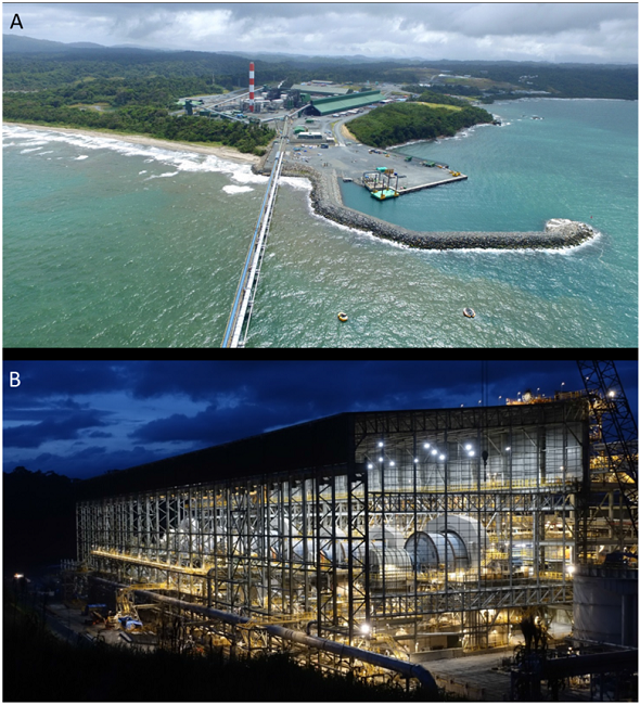 The Cobre Panama mine 2019-2020. A) The ore and coal port and 300
								MW thermal power plant at Punta Rincon. B) The eight mills
								consisting of three 28 MW SAG mills, four 16.5 MW ball mills and one
								22 MW ball mill have a design capacity of 274,000 tonnes of ore per
								day and 85 million tonnes per year, and is the second largest mill
								in the world. (Photographs First Quantum Minerals Ltd.
								website).