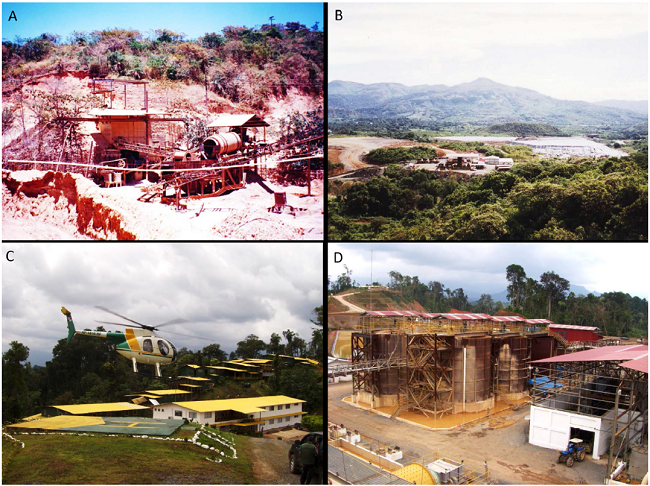 Gold mining in the 1990s to 2010s. A) The crusher and ball mills
								which fed a 200 tpd carbon-in-pulp (CIP) plant at the Remance gold
								mine in March 1994. It operated from 1990-1998, the first gold mine
								in Panama in 50 years. March 1994. B) The heap leach pad and gold
								recovery plant at the Santa Rosa gold mine, June 1997. It was mined
								from 1995-1999. C) The Molejon mine camp and office with a Hughes
								500 helicopter, March 2009. Gold was mined from 2009-2014. D) The
								gold CIP leach tanks with 2,200 tpd capacity at the Molejon
								processing plant, March 2009. (Photographs by Stewart
								Redwood).