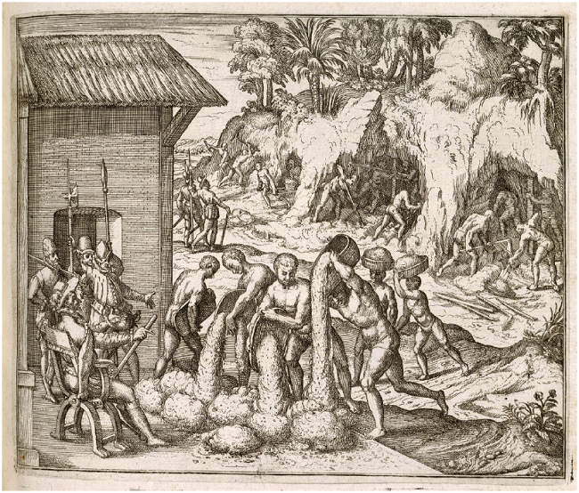 16th century gold mining in La Española with slaves
								from Guinea being supervised by Spaniards. (Engraving by Theodor de
								Bry from Bry (1595). Held and
								digitized by the British Library and uploaded to Flickr Commons.
								Reproduced under the Creative Commons CC0 1.0 Universal Public
								Domain Dedication).