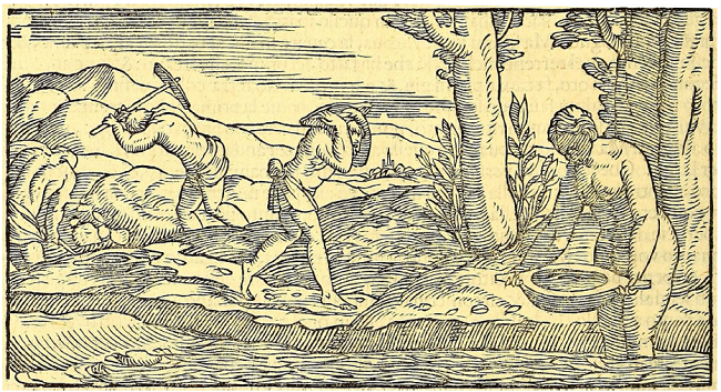 Indians washing gold in wooden bateas probably
								in La Española, early 16th century. They are working in
								the same way as described by Fernández de Oviedo (1526) with two men digging
								auriferous sediment from the river, two men (here only one) carrying
								the pay-dirt in a batea de servicio, and a woman
								washing gold in a two-handled batea. (Ramusio, Vol. III, 1556, p.
									127; image from 1606 edition, p. 106 at Internet Archive
									https://archive.org). https://archive.org/details/dellenauigationi03ramu/page/n7/mode/2up