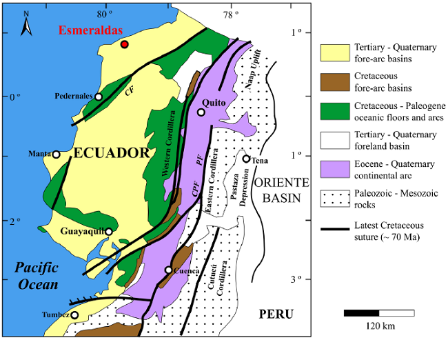 Geological map of Ecuador, modified from Mamberti et al. (2004).
							Abbreviations: PF: Peltetec Fault, CPF: Calacalí - Pallatanga Fault,
							CTF: Chimbo - Toachi Fault, CF: Canande Fault.