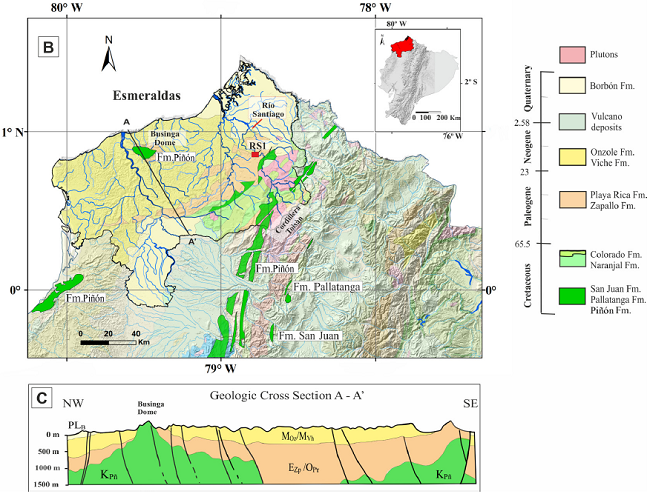 A) Geological map of Esmeraldas province (modified from INIGEMM and Ministerio de Energía y Minas,
								Dirección Nacional de Geología, 2001), B) Section A - A’ (NW
							- SE), modified from “Mapa Geológico de la Margen Costanera Ecuatoriana”
								(Reyes and Michaud, 2012).
							Abbreviations: KPñ: Piñón Formation, EZp: Zapallo Formation, OPr: Playa
							Rica Formation, MOz: Onzole Formation, MVh: Vilche Formation, and PLB:
							Borbón Formation.