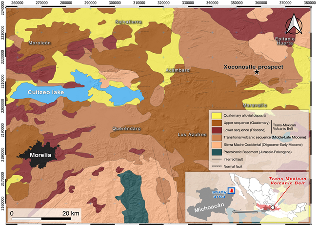 Regional geological map including the Xoconostle high sulfidation
							epithermal deposit, modified from Pasquarè et al. (1988).