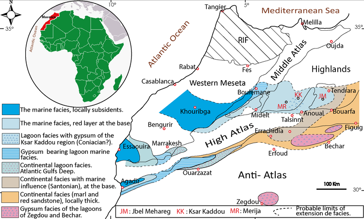 Facies map and schematic paleogeographic reconstruction of the
							Moroccan Atlas region during the Late Cretaceous (modified after
							Choubert and Faure-Muret, 1960-62).