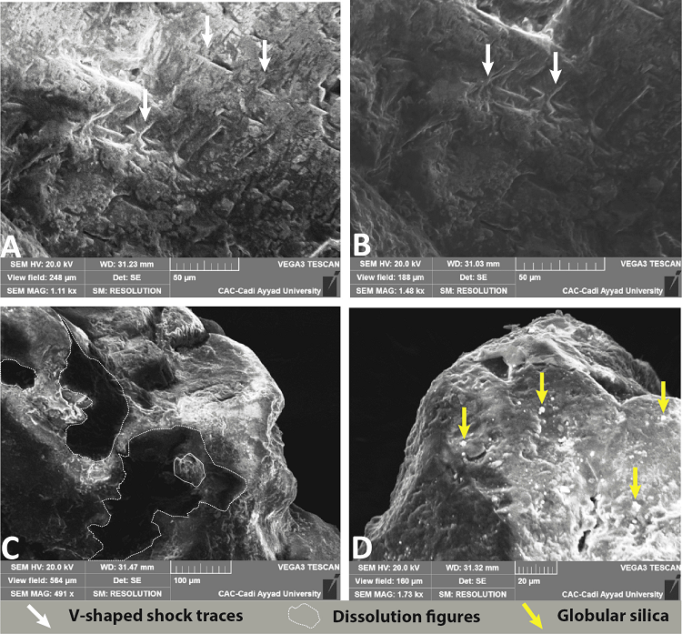 Exoscopy of quartz grain from sandstones of the SIV of the Aït
								Abbes Formation in the Amizmiz area SIV. (A and B) V-shaped shock
								traces, (C) Dissolution figures, (D) Globular silica.