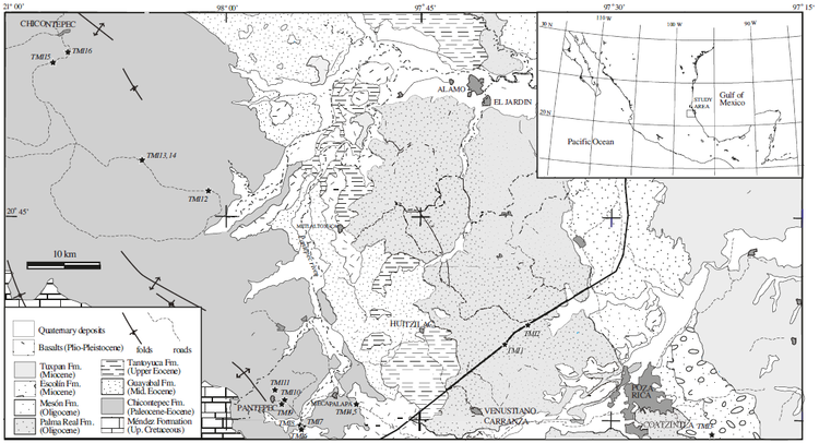 Geologic map of the southern portion of the Tampico-Misantla basin
							(after Servicio Geológico Mexicano,
								2004) with sampling sites (stars).