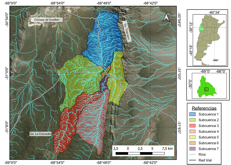 Área de estudio. Ubicación en contexto geográfico en Argentina y en
							San Juan. El polígono de color negro representa el contorno de la cuenca
							del río Talacasto. Clasificación de las siete subcuencas distinguidas
							por diferentes colores. 