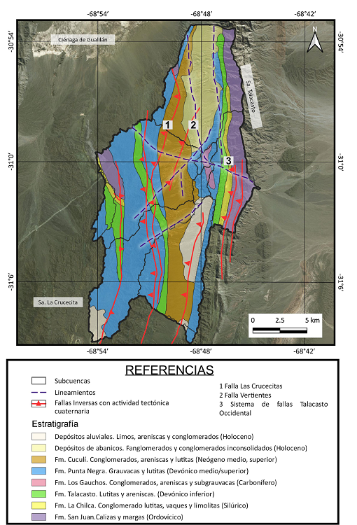 Mapa geológico de la zona de estudio. Se muestra la estratigrafía
								y las estructuras cuaternarias presentes de la zona.
