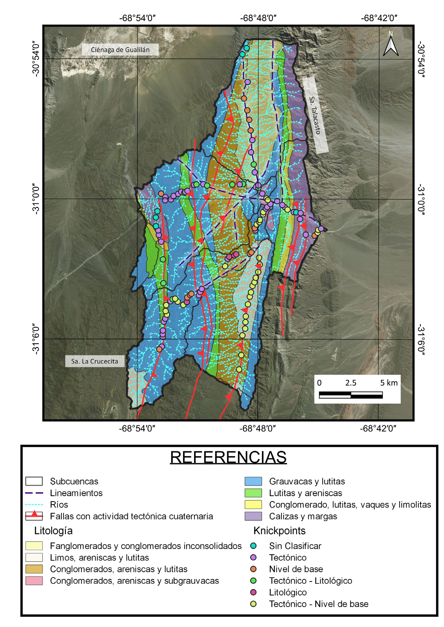 Mapa litológico con la distribución de los knickpoints obtenidos en
							el análisis.