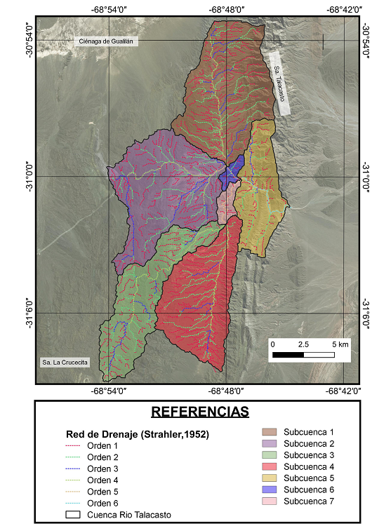 Subcuencas con su red de drenaje según los órdenes de Strahler (1952), siendo los cauces
							principales, los de mayor orden de cada Subcuenca.