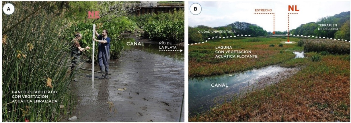 Fotografías de los sitios de muestreo. A) Adquisición del núcleo NE en el sector del estrecho en condiciones de bajante. B) Imagen desde el puente de la RECU - CN hacia el norte en donde se indica sitio de adquisición del núcleo NL.