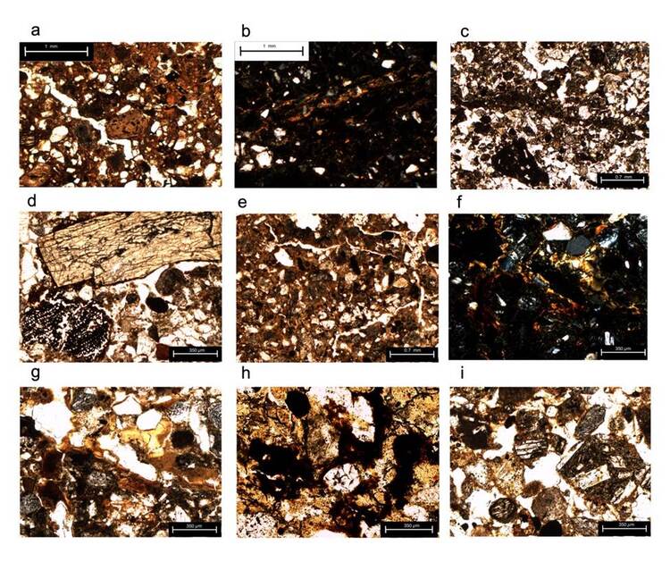 Micromorphology of the natural paleosols: a. Btb horizon under the earthen constructions, showing a subangular blocky structure with planar fractures and fragments of andesite (PPL); b. illuvial clay coatings in the Btb horizon (XPL); c. ABb horizon showing a dark groundmass where fine particles are aligned and deformed (PPL); d. bone and charcoal fragments in the ABb horizon (PPL); e. angular blocky structure of the ABib1 horizon (PPL); f. two generations of in situ clay coatings of strong birefringence: one with a reddish color and another with a yellowish color in the 2Btb3 horizon (XPL); g. two generations of clay coatings accompanied by Fe oxides nodules and accumulations in the 2Btgb4 (PPL); h. altered sand grains with complex and single Fe nodules (PPL); i. plagioclases, volcanic rock fragments covered by thin clay coatings (PPL).