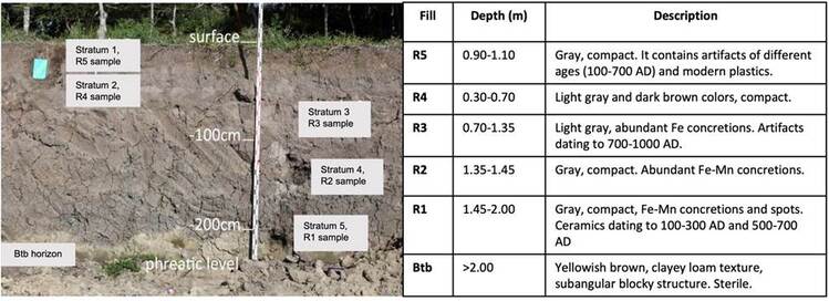 Materials of the reservoir, showing in the bottom the Btb horizon of the natural surface.