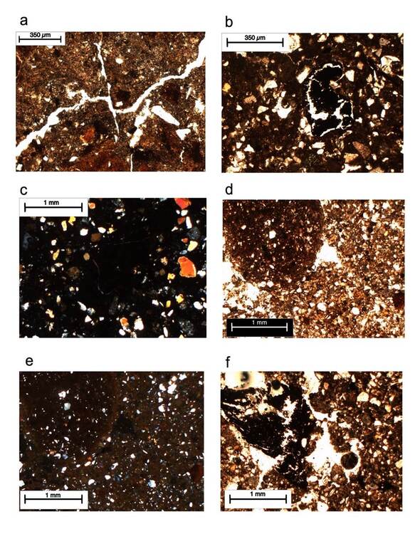 Micromorphology of the fills of the first and second construction stages at North platform. B4 sample: a. subangular blocky structure (PPL); b. Obsidian flakes and charcoal (PPL); c. Re-worked, fragmented clay coatings in a sandy groundmass (XPL); B3 sample: d. rounded fragments made up fine sand in a fine sand groundmass with dark spots of Fe-oxides (PPL); e. same as d, (XPL); f. porous areas with charcoal and Fe oxides nodules (XPL).