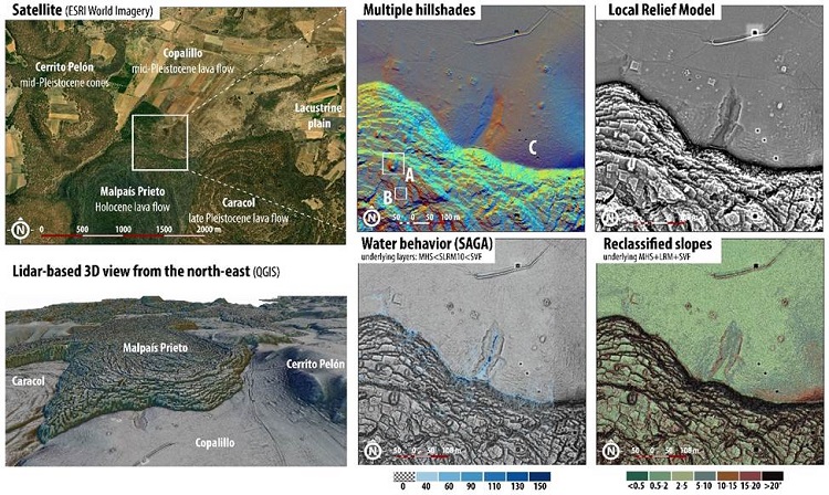 Examples of LiDAR-derived visualizations and modeling A. looted pyramid, B. civic house, C. terrace (stone-ridges) network.