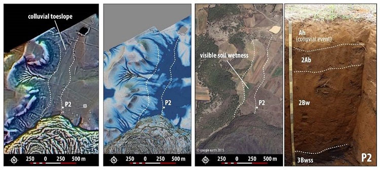 Example of a colluvial event revealed by various clues on LiDAR-derived images, satellite images, and in a soil profile in the field.