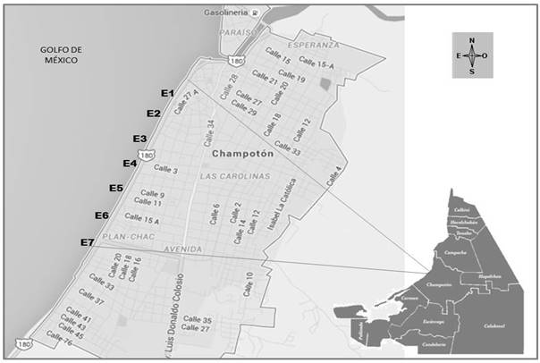 Mapa de localizaci&oacute;n de las estaciones de muestreo en el malec&oacute;n de la ciudad
de Champot&oacute;n, Campeche