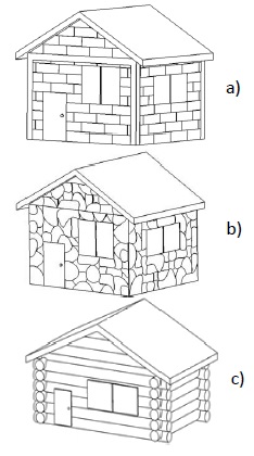 Tipos de
estructuras para espacios similares con diferentes relaciones de CV/CP:  

a)
Piedra, b) Tabique y c) Madera.