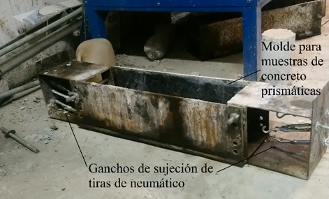 Molde para sujetar y ubicar tiras de neumático en muestras prismáticas de concreto.