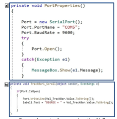 a) Funci&oacute;n para configurar el puerto de comunicaci&oacute;n, b) Programaci&oacute;n del &ldquo;TrackBar&rdquo;. Una vez hecho esto, simplemente se ejecuta el software y se mueve el puntero a trav&eacute;s de la barra (Fig. 15).