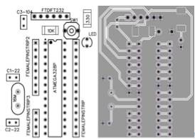 Circuito DAB dise&ntilde;ado con el software en l&iacute;nea EasyEDA de uso gratuito, con el microcontrolador ATmega328p.