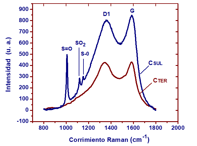 Espectros Raman para el carb�n original (CTER) y para el carb�n sulfonado (CSUL).