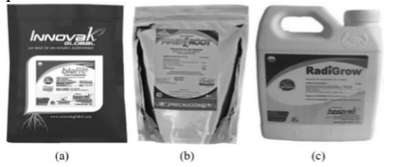 Presentaciones comerciales de los enraizadores a Biofit b MagniRoot y c RadiGrow