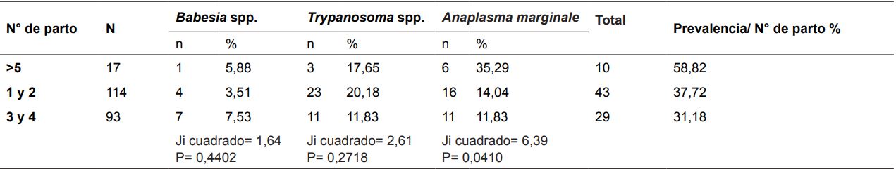 PREVALENCIA DE Babesia spp. Trypanosoma spp Y Anaplasma marginale DE ACUERDO
CON EL NÚMERO DE PARTO EN 18 FINCAS DOBLE PROPÓSITO EN EL MUNICIPIO DE ARAUCA