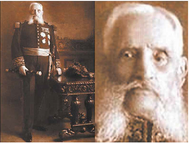 Andr�s A. C�ceres con bast�n de mariscal entregado en homenaje del gobierno de Augusto B. Legu�a. Estudio Courret, 1920. Se observa marcado enoftalmos, notorio descenso del globo ocular izquierdo y hundimiento del surco palpebral superior.