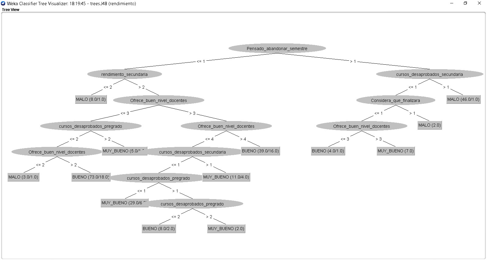 Figura 12. Árbol de decisión generado con el algoritmo J48 software WEKA priorizando 5 primeros niveles a partir del modelo inicial