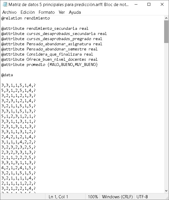 Figura 13. Matriz de datos para ser procesado por el software WEKA utilizando los 5 niveles principales del árbol de decisión