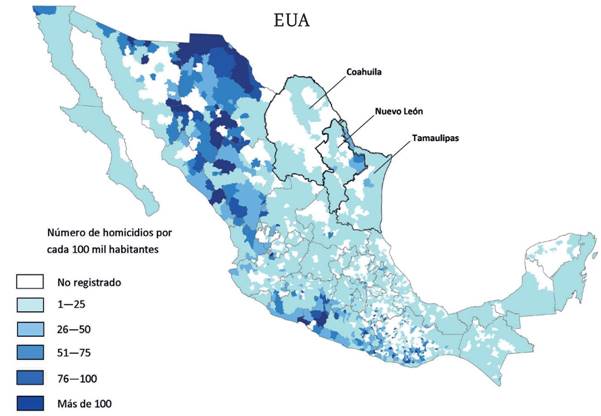 Distribuci&oacute;n geogr&aacute;fica de homicidios por cada cien mil habitantes, 2008 