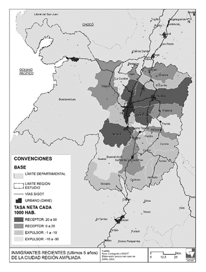 Municipios expulsores y receptores - Migrantes recientes en el interior de la regi&oacute;n