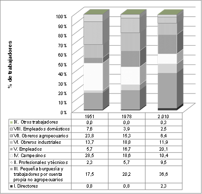 Distribución de los trabajadores por posiciones de clase social 1951, 1978 y 2010