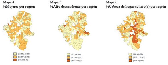 Distribuci&oacute;n espacial del porcentaje de mujeres, afrodescendientes y cabezas de hogar-soltero(a)